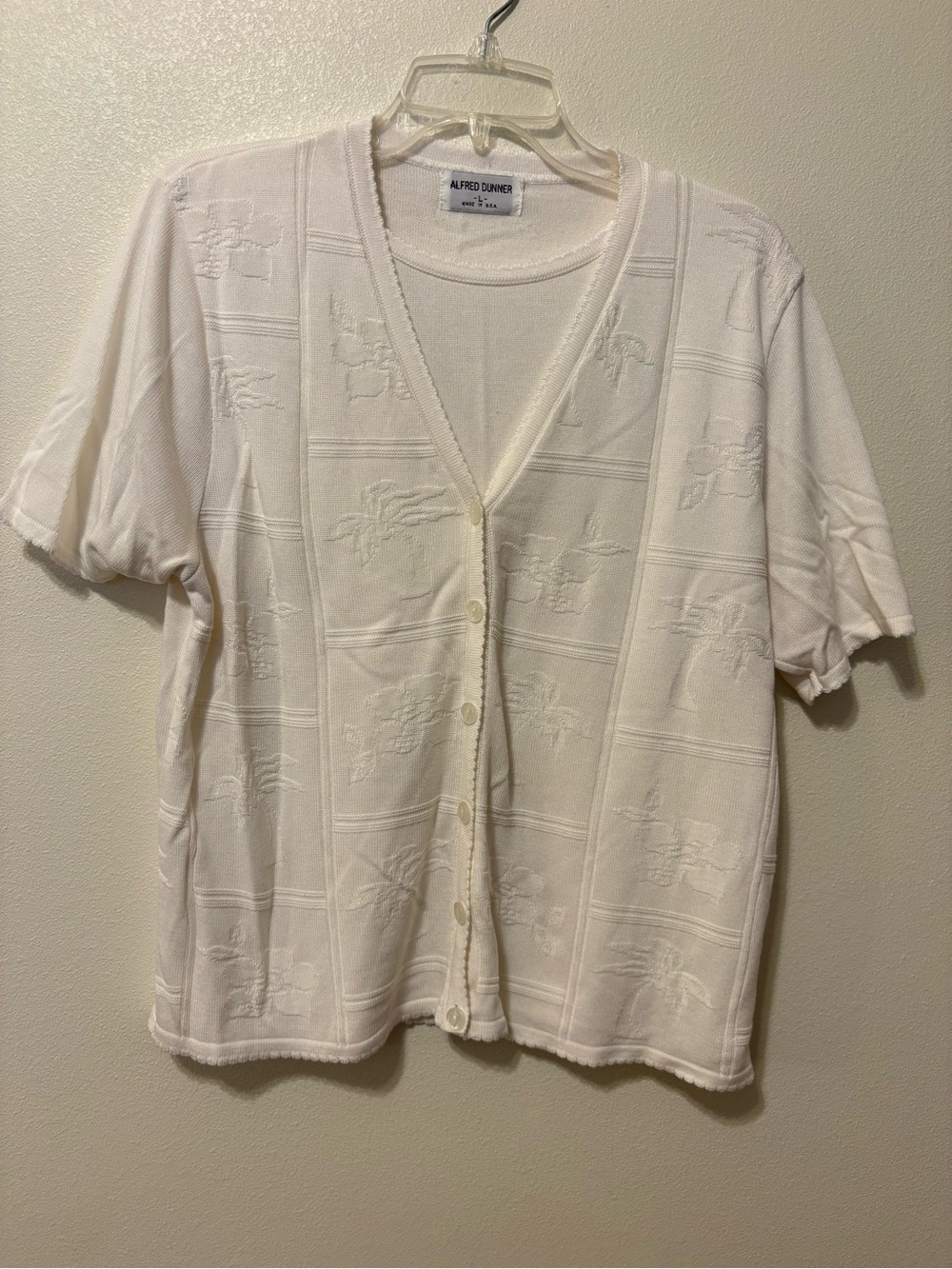 Alfred Dunner Cream Floral Jacquard Short Sleeve Cardigan